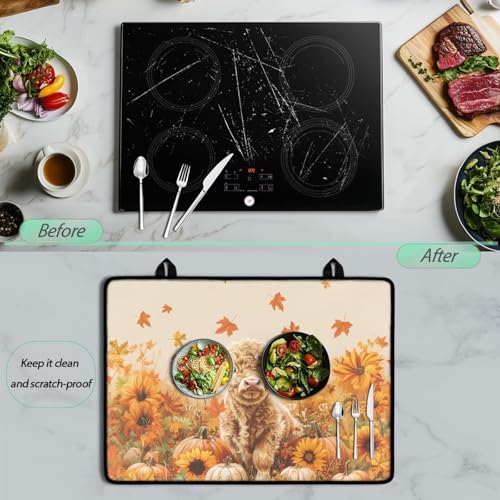 Image of Cattle Sunflower Maple Electric Stove Guard Protector Folding Ceramic Stove top Cover 30x21 Inch Heat Resistant Mat Extra Large Dish Dry Mat for Kitchen Tanksgiving Day Decorations