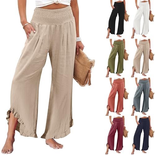 Wide Leg Linen Pants for Women Summer Wide Leg Pants Smocked Waist Ruffle Hem Palazzo Pants Boho Beach Pants with Pockets High Waist Summer Pants Vacation Flowy Lounge Pants Summer Pants For Woman