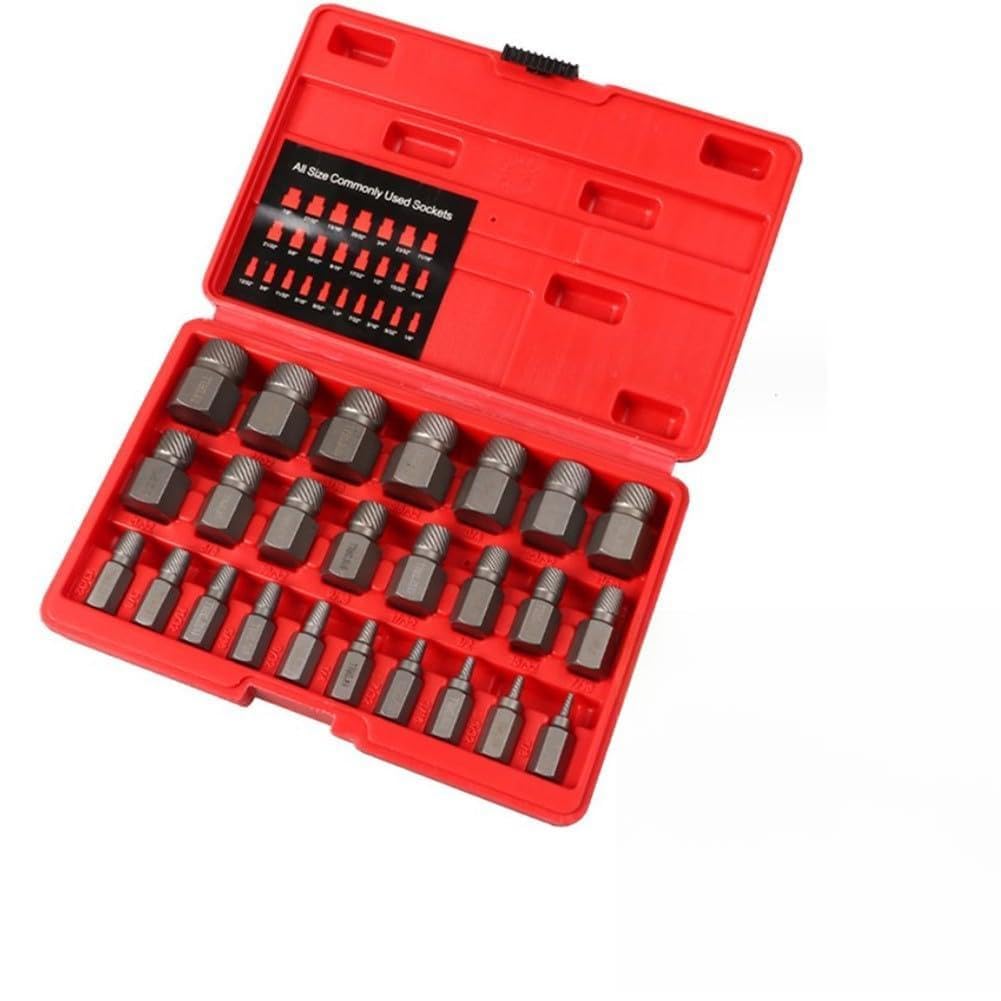 Set di 25 estrattori per viti in acciaio ad alto tenore di carbonio per viti danneggiate e arrugginite, rotazione a sinistra con profilo a più denti, per auto e officina, misure da 1/8 a 7/8