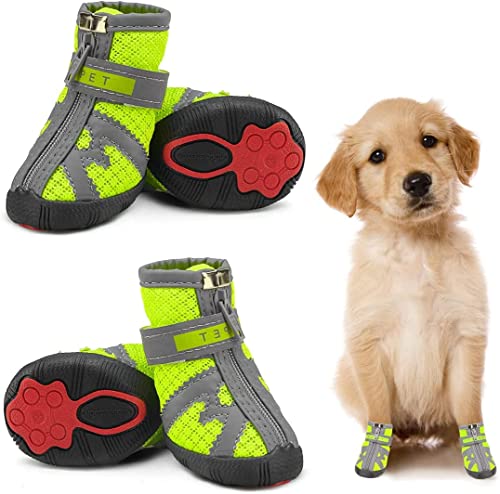 Image of KUTKUT Booties for Hot Pavement Hardwood Floor, Breathable Shoes for Small Medium Dogs With Reflective & Adjustable Strap Zipper, Antiskid Paw Protection Boots (Size: 5)