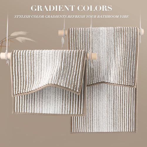 BSICPRO Bathroom Rugs and Mats Sets, 2 Piece Thick Absorbent Chenille Non Slip, Soft Shaggy Floor Mats, Machine Washable (Light Taupe, 20" x 47" Plus 16" x 24")