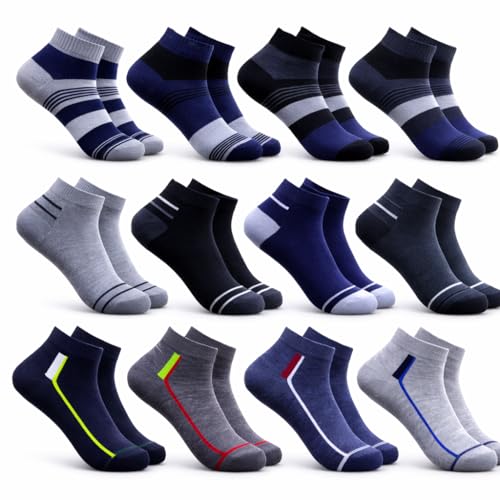 Image of Men's Ankle Socks, Cotton Blend, Black Grey Navy Blue, 10 Pairs, Lightweight and Breathable, Regular Fit
