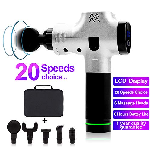 Massage Gun Deep Tissue Percussion Muscle Massager for Pain Relief, Handheld Electric Body Massager with 20 Adjustable Speed,6 Head,Quiet & Comfortable Muscle Soreness Relieves (Noble Silver).