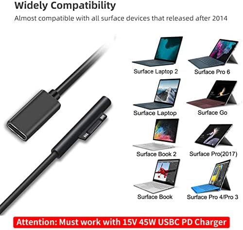 Sisyphy Surface Connect to USB-C Charging Cable Compatible for Microsoft Surface Pro7 Go2 Pro6 5/4/3 Surface Laptop1/2/3 & Surface Book, Works with 45W 15V3A USBC Charger PD