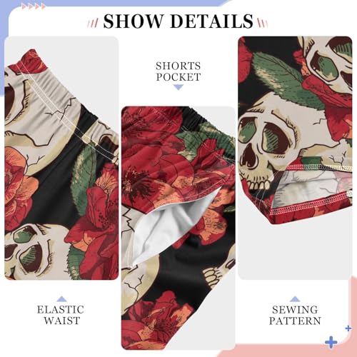 Skull Red Flowers Boys Long Pants Soft Trousers Elastic Waist Kids Lounge Bottoms with Pockets S-XL4