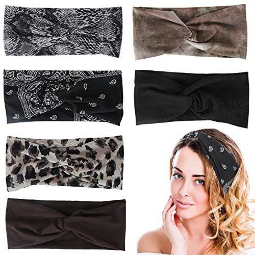 6 Pack Twist Knotted Boho Stretchy Hair Bands For Girls,Headbands for Women Yoga Elastic Hair Bands Workout Running Sport Non Slip Sweat Hair Wrap (Color 1)