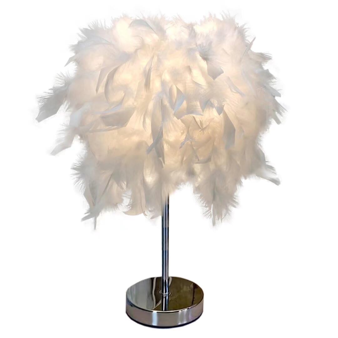 Mini White Feather Table Lamp, Bedside Lamp, Table Lamp, Feather Lampshade for Bedroom, Home Decoration, Photography Props, STYLE 1, S