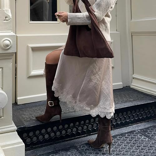 Suede Knee High Boots Women Buckle Fall Tall Boots Side Zipper Pointed Toe Stiletto High Heels Party Dress Boot3