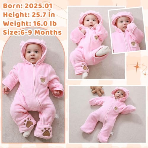 Image of Fairy Baby Newborn Baby Bear Outfit With Fold-Over Mittens Footies Thin Fleece Romper Hooded Jumpsuit Winter Coat Girls Boys