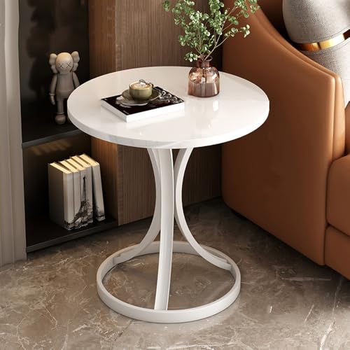 Sariny サイドテーブル 丸 コーヒーテーブル 大理石 ゴールド脚 ソファ横 ベッド横 テーブル 小さめ おしゃれ 北欧 丸型 ソファサイドテーブル 丸テーブル 一人暮らし 食卓 カフェテーブル (ホワイト+ホワイトテーブル脚,50*55*55cm)