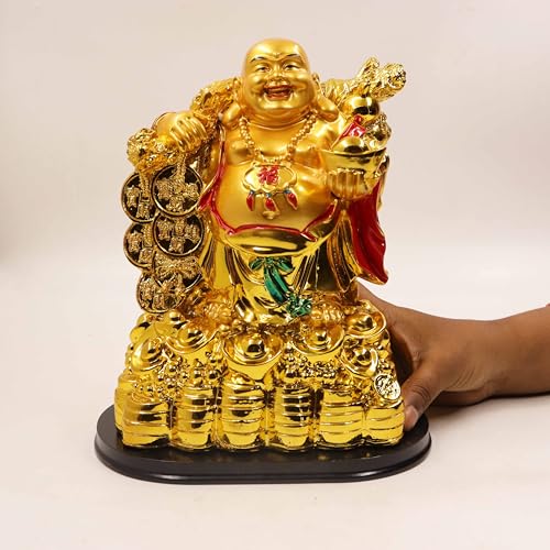 Image of Spillbox Resin Golden Happy man Statue|Laughing Buddha|Feng Shui|Show Piece|Gift Item |Vastu|Decorative Showpiece for Home Decor|Office Desk Table (Happy Man with 3 Coin Big)
