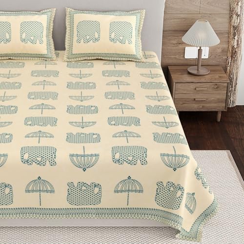 Image of Living Roots Ethnic Jaipur Block Print Double Cotton Bedsheet & 2 Pillow Covers, for Mattress Upto 6 inches Thick, No Colour Bleeding, Blue Colour, King Size 90 * 108 inches, 120TC (601-C)