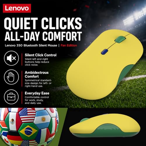 Image of Lenovo 350 Bluetooth Silent Mouse (Fan Edition), Wireless Ergonomic Ambidextrous Design, Bluetooth 5.3, Adjustable DPI up to 2400, 36 Month Battery Life, Recycled Materials, Brazil Flag
