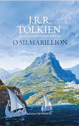 Capa do livro O Silmarillion com uma ilustração de paisagem montanhosa, mar e veleiros.