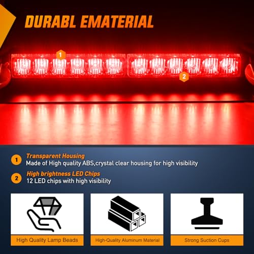 Image of Nilight 12LED Traffic Advisor Strobe Light Bar Red Hazard Safety | Emergency Warning Dash Front /Rear Windshield Flashing Lights for Cars Trucks Police Firefighter Plow Construction Vehicles
