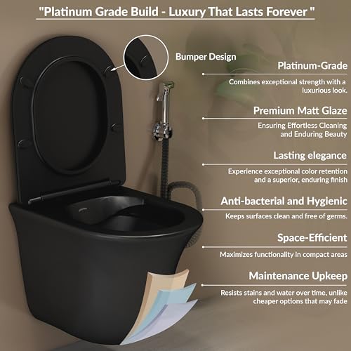 Image of Plantex Ceramic Rimless Commode for Toilet /Western Commode /Wall Hung Commode with Soft Closing Toilet Seat - P Trap (Matt Black)