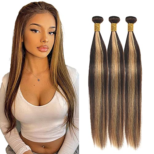 8 10 12 Inch Ombre Highlight Bundles P4/27 Human Hair Brown Blonde Straight Human Hair Weave 3 Bundles P4/27 Human Hair