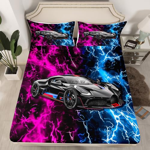 Black Sports Car Bedding Set,Pink Blue Neon Light Lightning Fitted Sheet for Kids Boys Teens Adults,3D Cool Car Print Modern Fashion Bed Cover with 2 Pillowcases(No Flat Sheet),Full Size 3 Pcs