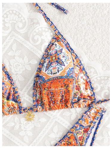 Women's Boho High Cut Bikini Sets Halter Triangle Padded Bathing Suit 2 Piece Retro Swimsuit3