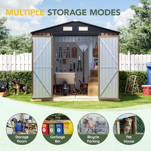 Image of Breezz 10X8FT Outdoor Steel Storage Shed with Clear Window, Lockable Doors, Frame Floor,Weather-Resistant Metal Tool Shed for Garden, Backyard, Patio, and Utility Storage Brown
