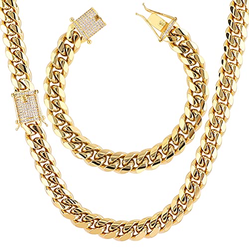 putouzip Miami Cuban Link Chain Set For Men 18K Gold Plated Stainless Steel 10/12mm Curb Bracelet Necklace Diamond Chains