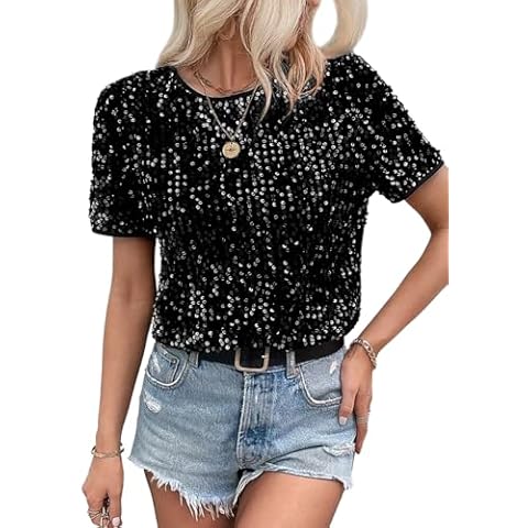 Segreto Women's Shiny Sequin T Shirt Short Sleeve Crew Neck Tee Shirts Glitter Loose Tops Party Sparkly Blouse for Nightclub Black Cover