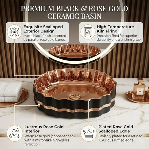 Image of BASSINO 20x15x6 Inches Ceramic Wash Basin Table Top /1 Year Warranty /Unique Countertop Basin for Bathroom /Above Counter Sink for Dining Hall /Living Room /Hotel /Office(Black & Rose Gold Finish)