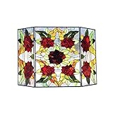 HomeStock Vintage Fireplace Screen Folding Floral Stained Glass Panel Screen 40 Inch