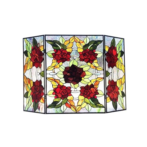 HomeStock Vintage Fireplace Screen Folding Floral Stained Glass Panel Screen