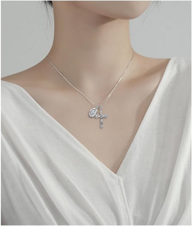 Rnivida 925 Sterling Silver Crucifix Cross and Miraculous Medal Pendant Necklace for Women - Image 2