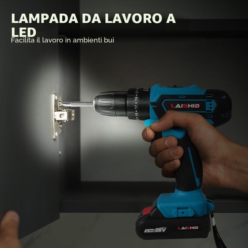 Trapano Avvitatore a Batteria 28 V Con 2 Batterie + 24 Accessori, 25+3 Impostazioni di Coppia, Luci LED, Senza Fili per Fai Da Te
