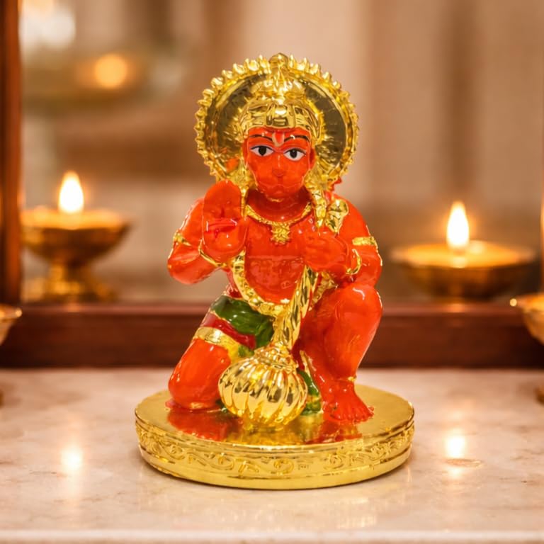 Image of Gold Art India Hanumanji Sitting with Gada Gold Plated Hanuman Statue for Car Dashboard, Hanuman ji murti for Home Decor, Office Shelves, and Gifts Orange /Kesari (2.8 x 1.6)