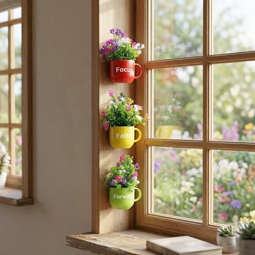 Image of Dekorly Wall Hanging Mug Planters with Artificial Flowers (20CM) - Decorative Hanging Cups, Colorful Floral Wall Decor for Living Room Bedroom Balcony Office Gift Set (3, Focus Faith Forward)
