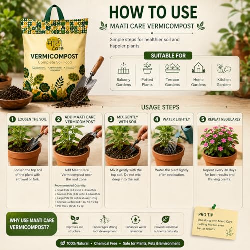 Image of Maati Care Vermicompost Fertilizer for Plants - 10 kg | 100% Natural Vermi Compost Manure for Home Garden & Balcony Plants | Organic Soil Booster for Plant | Ideal for All Gardening Needs