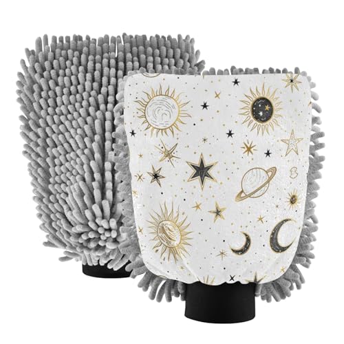 ALAZA Crescent Sun Moon Star Car Wash Mitt Scratch Free, 2 Pack Absorbent Microfiber/Chenille Washing & Drying Mitts, L