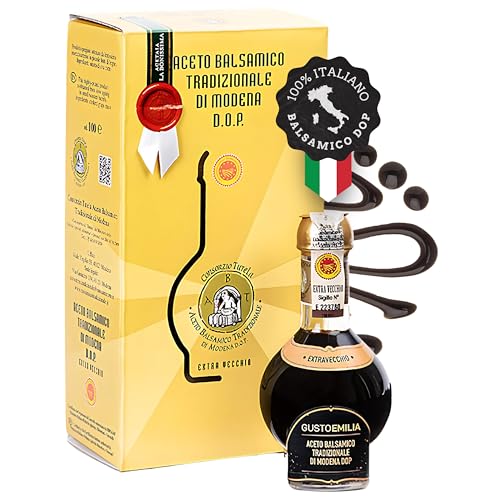 EXTRAVECCHIO E AUTENTICO | Sorprendi il tuo palato e chi si siede alla tua tavola con questo aceto balsamico GustoEmilia, invecchiato 25 anni nelle antiche botti Barriques di rovere. Prodotto dal mosto d’uva cotto di Trebbiano bianco, non ha alcuna aggiunta di sostanze aromatiche o additivi, preservando il gusto autentico dell'aceto di Modena.