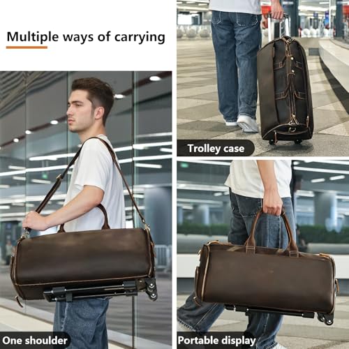 Men's Leather Duffle Bag with Wheels – Rolling Travel Duffel with Telescopic Handle, Large Carry-On Luggage for Business Trips & Weekend Getaways (Dark Brown, 23”) (Dark Brown)2