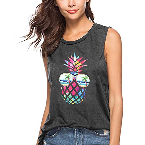 Astanfy Women Pineapple Sunglasses Beach Tank Tops Funny Graphic Vest Casual Summer Sleeveless Tee Shirts (Grey, Large) #TOP2