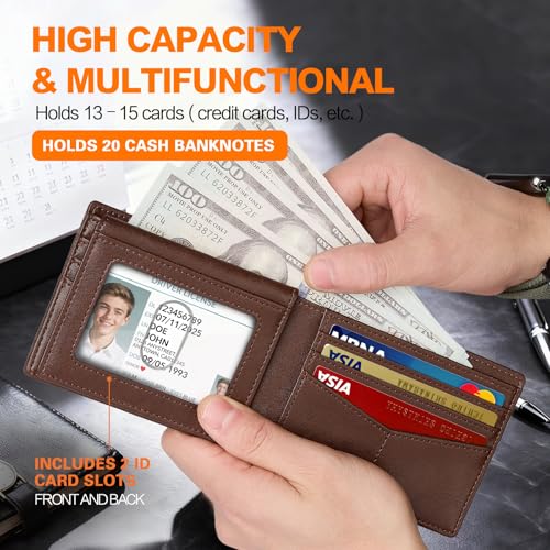 Image of Wallet for Men Slim RFID Blocking Bifold Carbon Fiber,Minimalist Small Compact Front Pocket Credit Card Holder,Thin Mens Leather Wallets Smart Security With 2 ID windows 1 Cash (Oil Wax Brown)