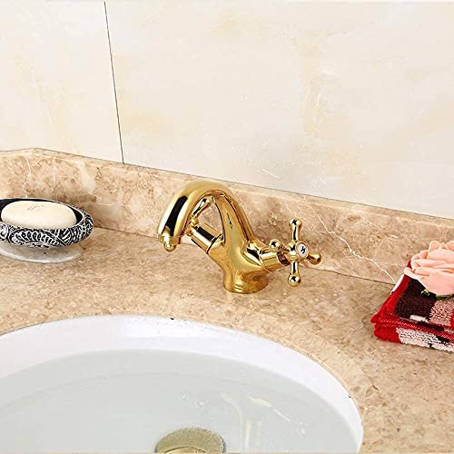 Grifo monobloc de latón para lavabo con doble manija reguladora de temperatura 5