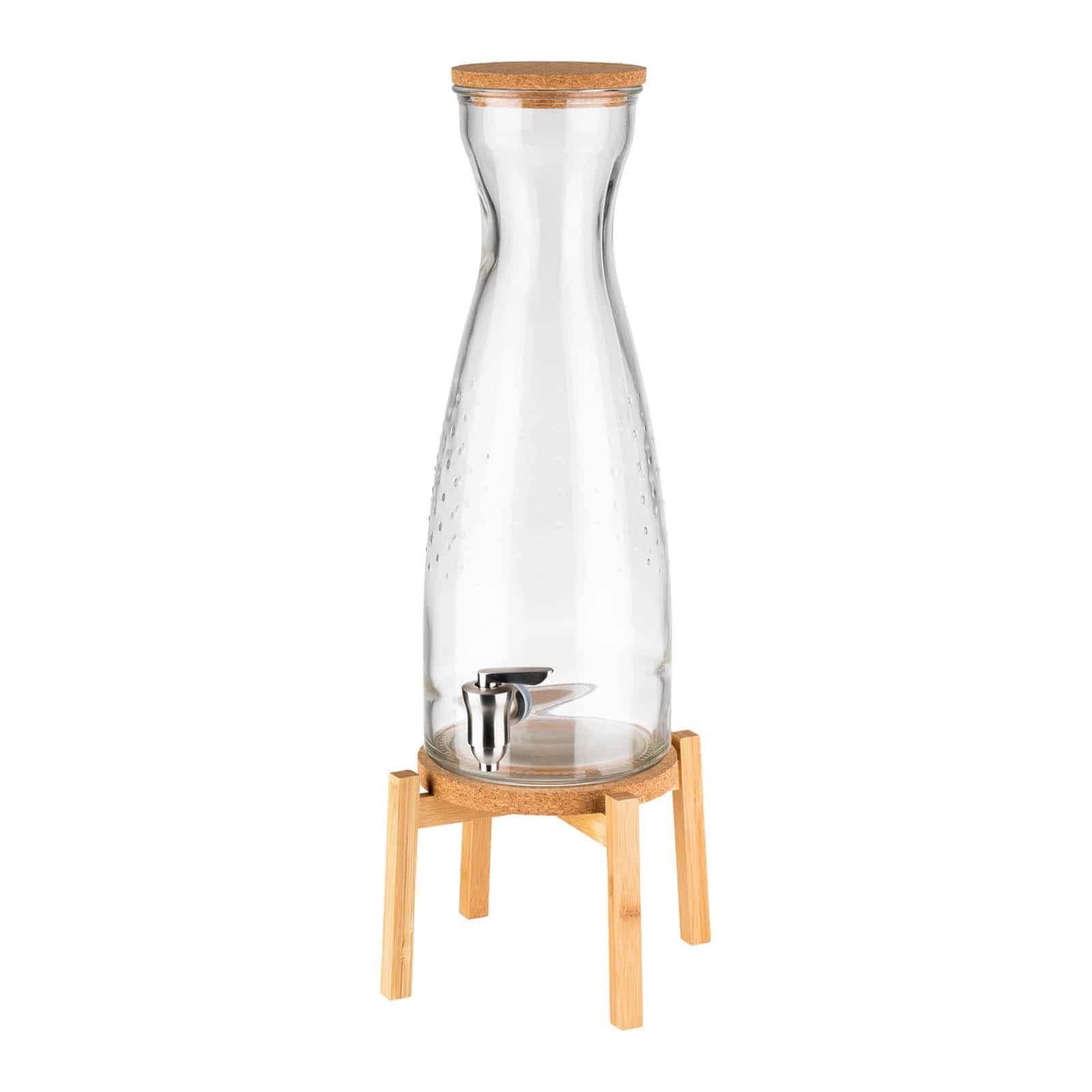 APS 10430 Getränkeständer „Fresh Wood“, Behälter mit Edelstahlzapfhahn und Korkdeckel, stabiles Glas, Holzstandfuß, 23 x 23 cm, 56,5 cm Höhe, Transparent, 4,5 Liter