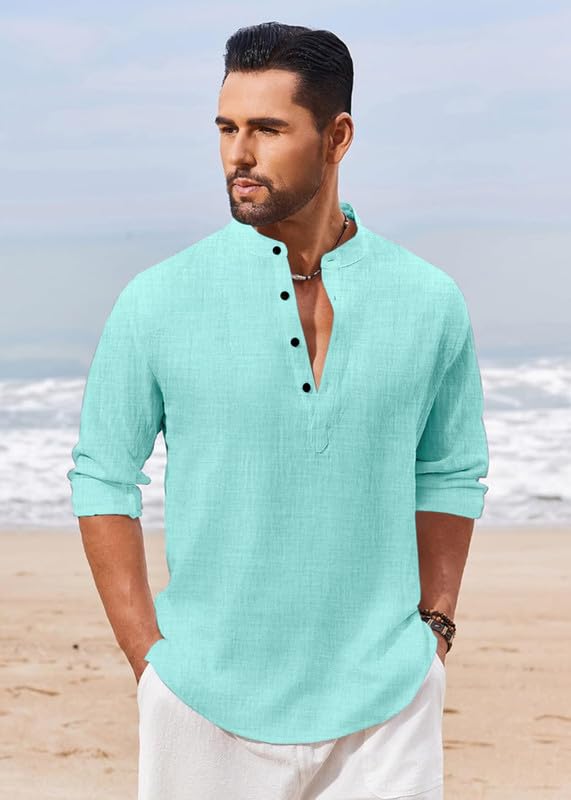 Image of Men's Luster Cotton Solid Casual Short Kurta for Men | Long Sleeve Mandarin Collar Stylish Kurta for Men