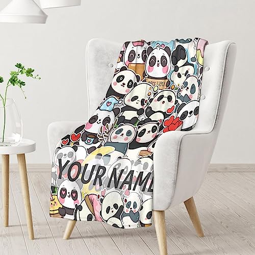 Personalized Panda Blanket Gifts with Name - 50"x60" Cute Throw Blanket for Kids, Adults - Black Soft Fuzzy Blankets for Bed, Couch & Living Room