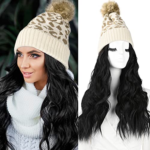 LONAI Beanie Hat Wig,Knit Hat with Hair for Women, Leopard Hat Wig with 18" Black Long Wavy Hair Extension for Winter-White and Brown Leopard Hat with Black Synthetic Hair