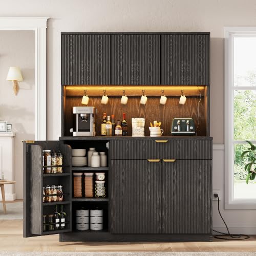 Image of Fluted Pantry Storage Cabinet with Charging Station & LED Light, 71 inch Tall | Large Pantry Cabinet with Microwave Stand / Drawer / Adjustable Shelves, Coffee Bar Storage for Dining Room