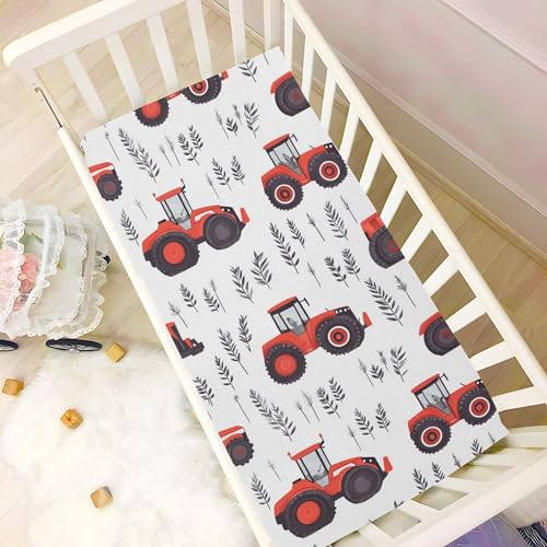 Image of Farm Tractor Red Crib Sheets Soft Breathable Fitted Baby Crib Sheets Mattress Cover for Girls Boys, 52 inch x 28 inch x 9 inch