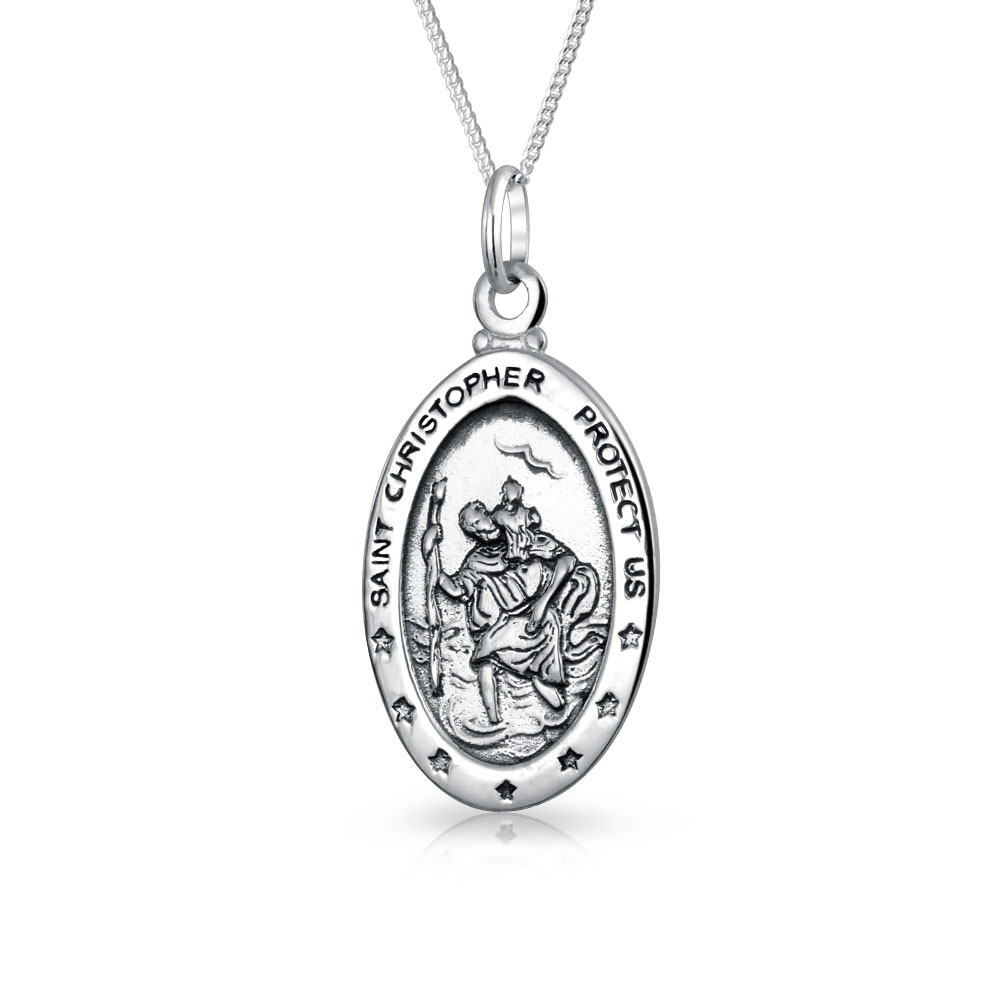 Bling Jewelry Personalisierte Unisex Religiöse Medaille Medaillon Oval Rund Heilige Theresa Heiliger Christopher Anhänger Halskette Für Frauen Männer Teenager Oxidiertes .925 Sterlingsilber Anpassbar