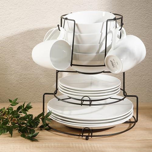 Image of Gibson Home Summit View 17-Piece Porcelain Plates and Bowls Set W /Metal Rack - Plates, Bowls & Mugs Dinnerware Set for 4 - White