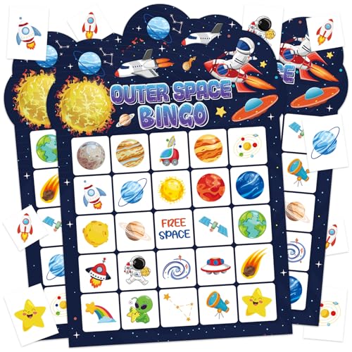 Leezead Jogo de bingo espacial, 24 jogadores, cartões de bingo para festa de aniversário, família, amigos, atividades de grupo grande