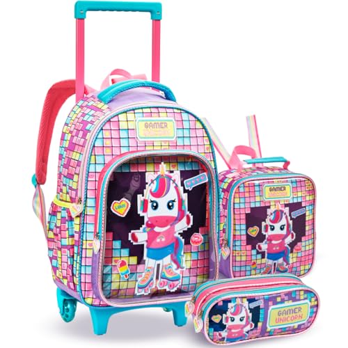Kit Mochila Rodinha Lancheira Térmica Estojo Feminino Infantil Uncórnio Gamer Rosa Colorida Menina